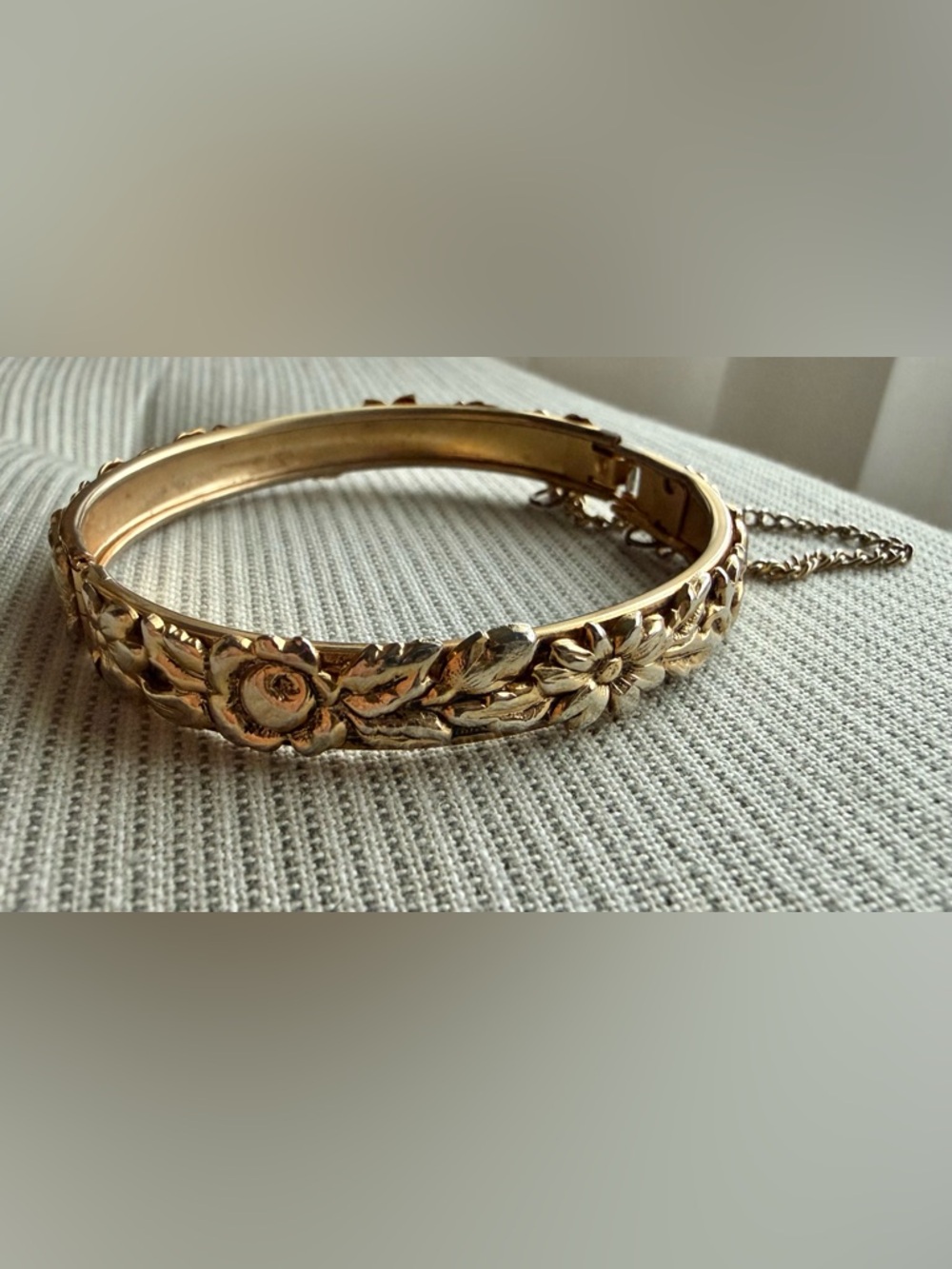 Gold Floral Relief Hinged Bangle Bracelet - Women's Jewelry